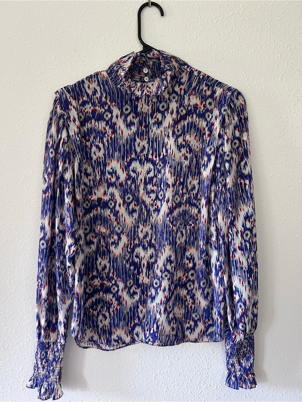 Isabel Marant Etoile Blue Printed Long-Sleeve Ruffle-Neck Blouse